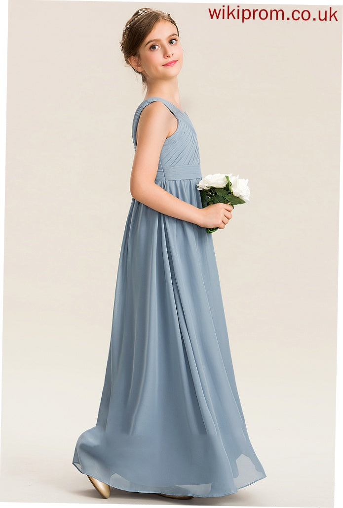 Chiffon Ruffle A-Line Aniya V-neck Floor-Length Junior Bridesmaid Dresses With