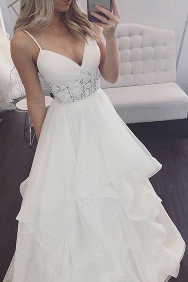 Sweetheart Spaghetti Open Back Ruffles Beach Wedding Dresses