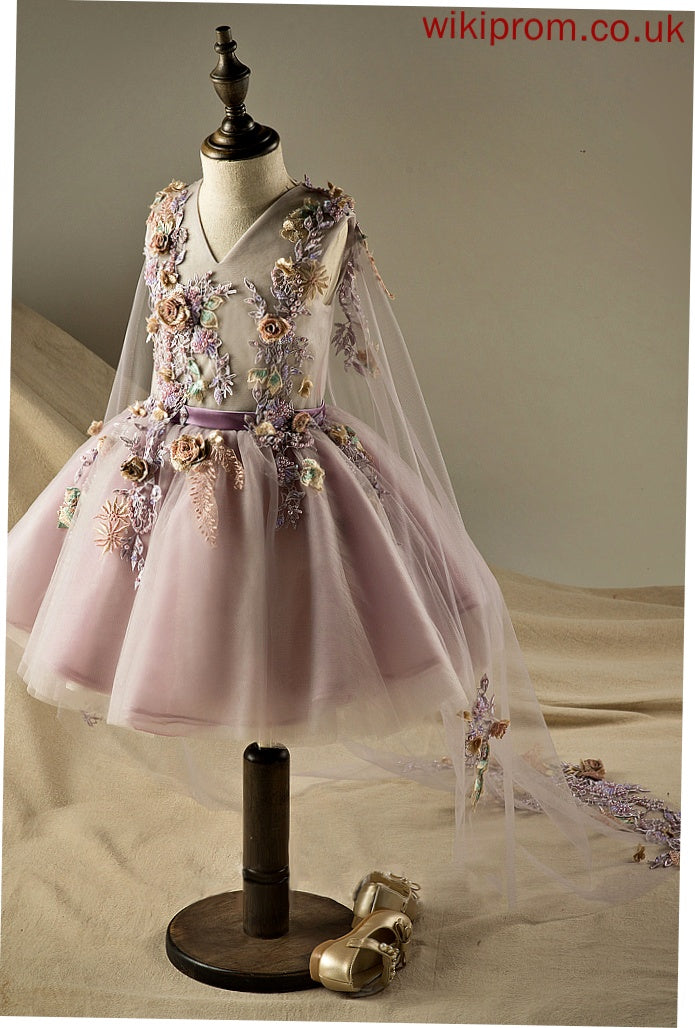 Flower With Dress Girl A-Line Knee-length Annabella V-neck Organza/Tulle Sleeveless - Beading/Flower(s)/Sequins Flower Girl Dresses