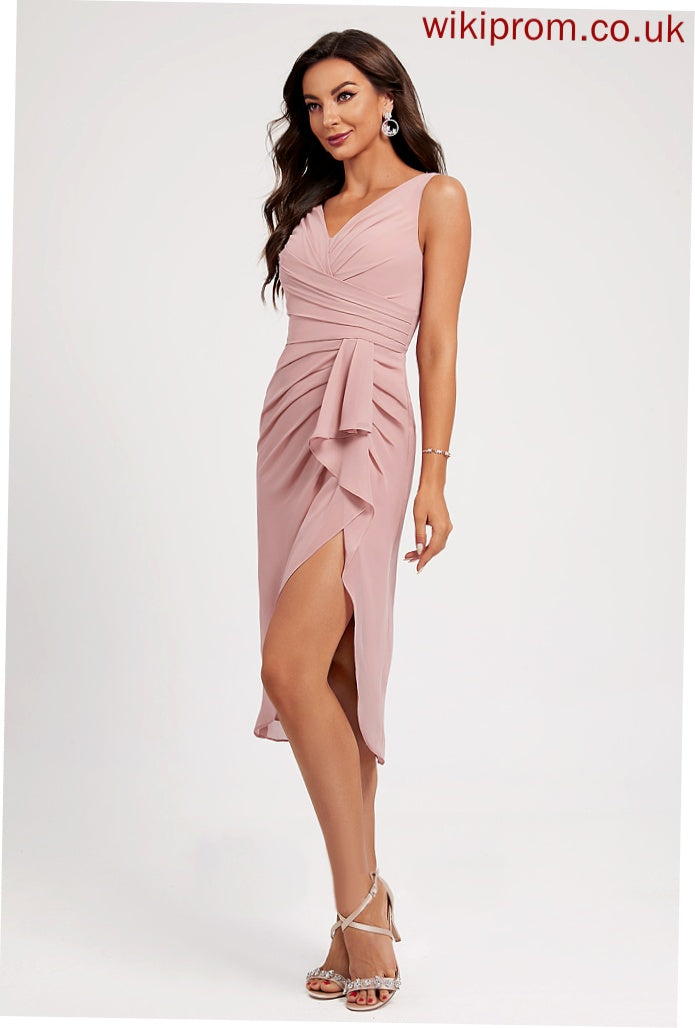 Ruffle Cocktail Dresses Roselyn Sheath/Column Dress V-neck With Chiffon Cocktail Asymmetrical Pleated