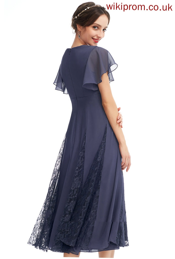 V-neck Ruffle Cocktail Dresses With A-Line Chiffon Taniyah Knee-Length Cocktail Lace Dress