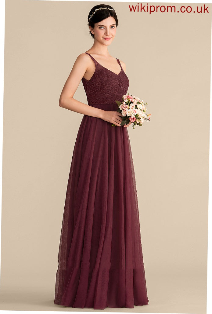 A-Line Silhouette Lace Length Straps Fabric V-neck Floor-Length Tulle Neckline Kennedi A-Line/Princess Bridesmaid Dresses