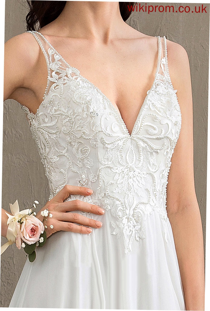 Chiffon Split Train With Wedding Dresses Beading Sweep Cierra A-Line Sequins Wedding Front Dress V-neck Lace