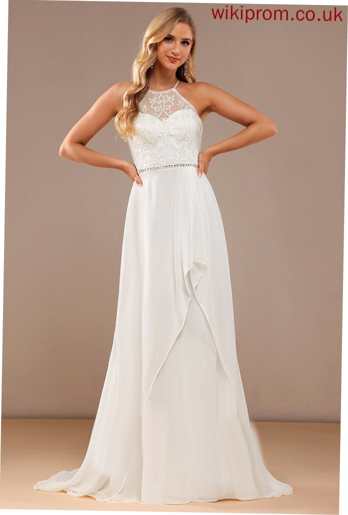 Wedding Dresses A-Line High Neck Dress Sweep Train Sidney Wedding Sequins Lace Beading Lace Chiffon With