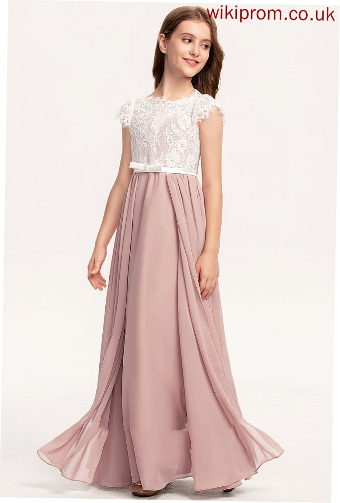 Bow(s) Neck Junior Bridesmaid Dresses A-Line Lace Chiffon Floor-Length Madisyn With Scoop