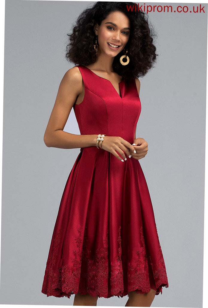 Homecoming Homecoming Dresses V-neck Dress A-Line Appliques Satin Knee-Length With Lace Skyla