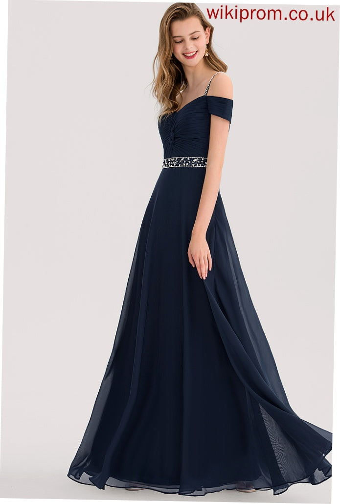 Haylee With Chiffon V-neck Sequins Pleated Cold Beading Floor-Length A-Line Prom Dresses Shoulder