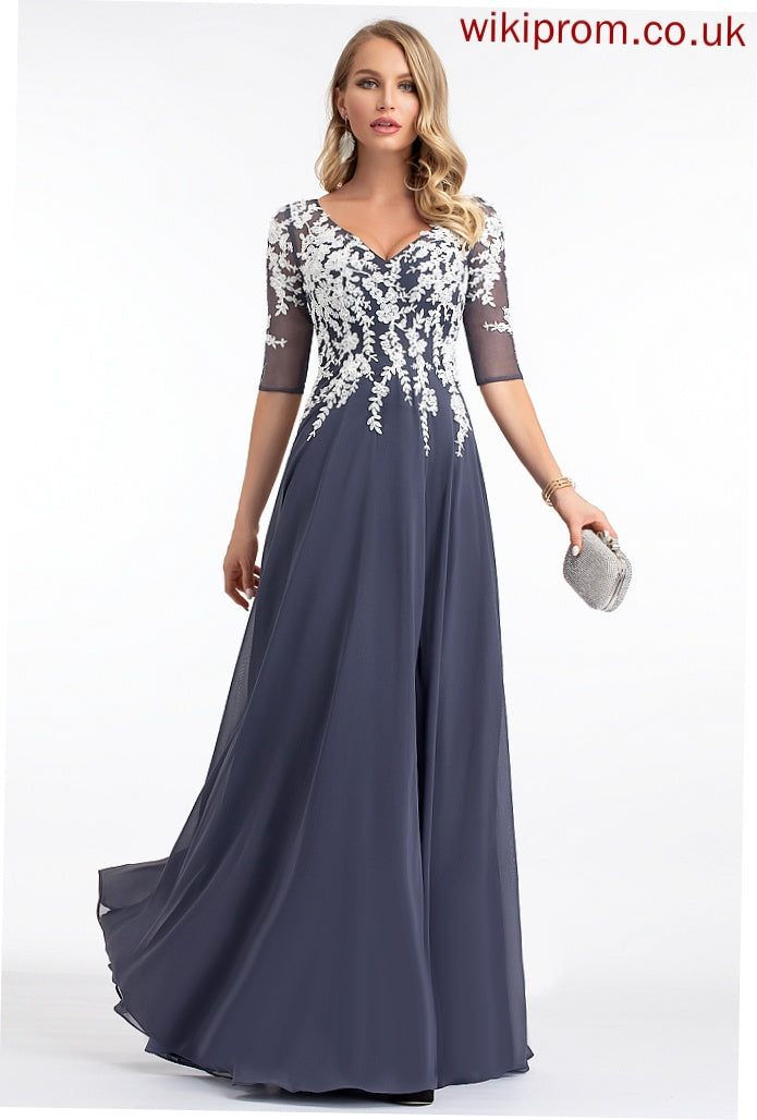 Jadyn Lace Floor-Length Sequins Chiffon V-neck A-Line Prom Dresses With