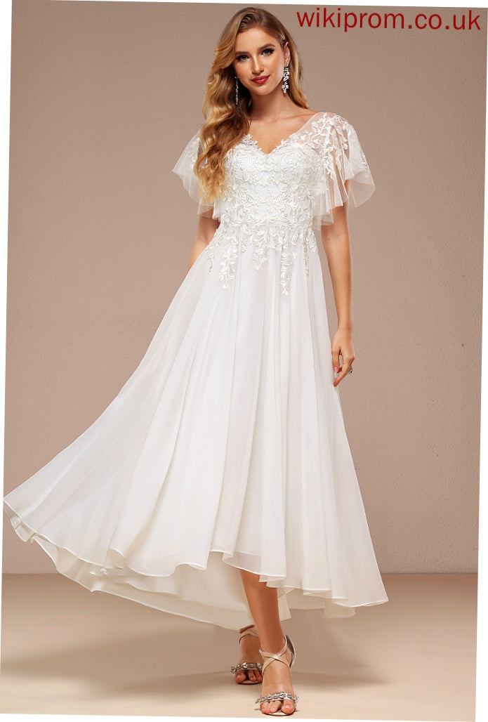 Asymmetrical Tulle Wedding Elvira Dress Lace Wedding Dresses V-neck Ruffle A-Line With