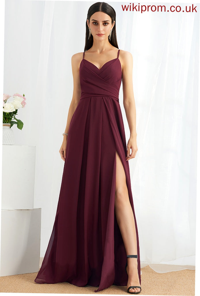 Silhouette A-Line Length Ruffle SplitFront Floor-Length Fabric Embellishment Neckline V-neck Winifred Natural Waist Bridesmaid Dresses