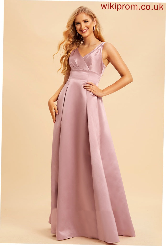 Fabric Satin V-neck Straps A-Line Neckline Silhouette Length Floor-Length Cecelia Sleeveless A-Line/Princess Bridesmaid Dresses