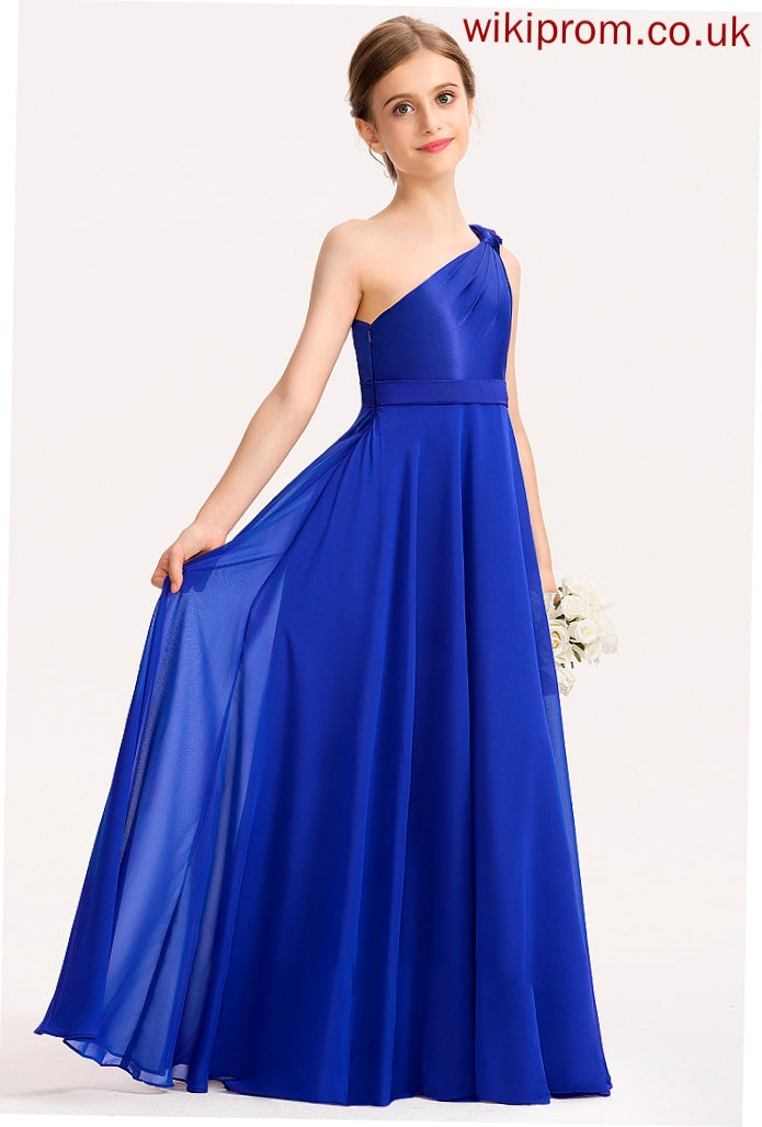 A-Line Floor-Length Ruffle One-Shoulder With Charmeuse Pru Chiffon Junior Bridesmaid Dresses