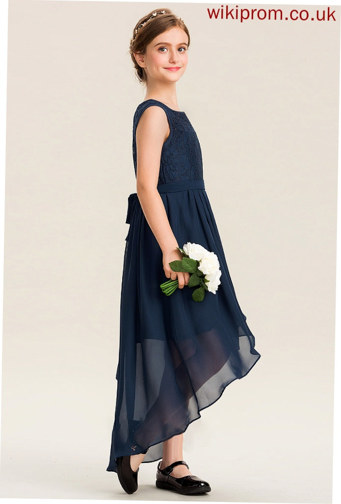 Scoop Heidi Asymmetrical Bow(s) Chiffon Junior Bridesmaid Dresses A-Line Neck Cascading With Ruffles Lace