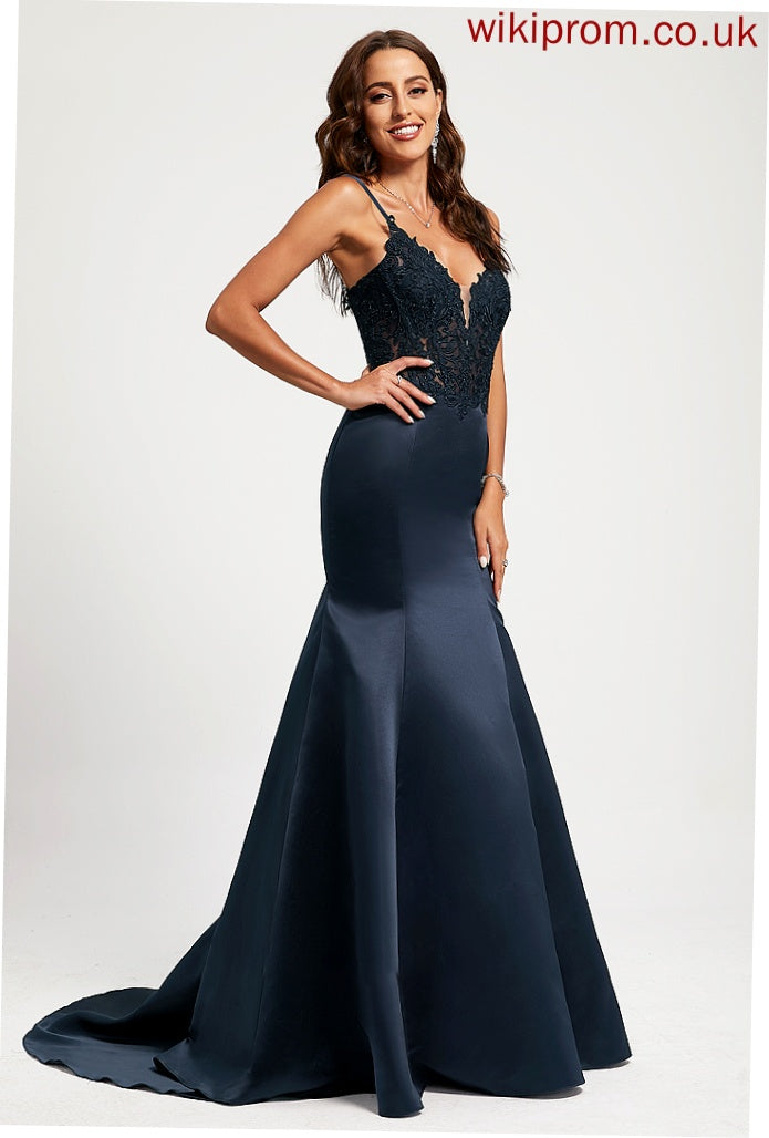 Prom Dresses With Lace Sequins Train V-neck Trumpet/Mermaid Sweep Precious Satin