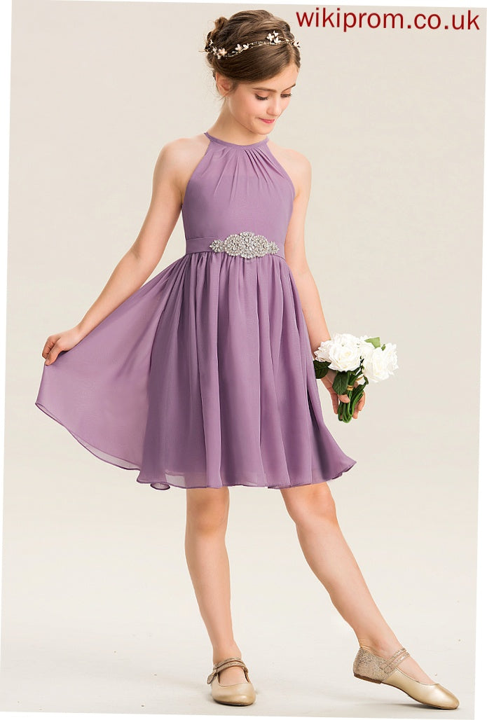 Junior Bridesmaid Dresses Knee-Length Beading Neck Chiffon A-Line Melinda Scoop With Ruffle