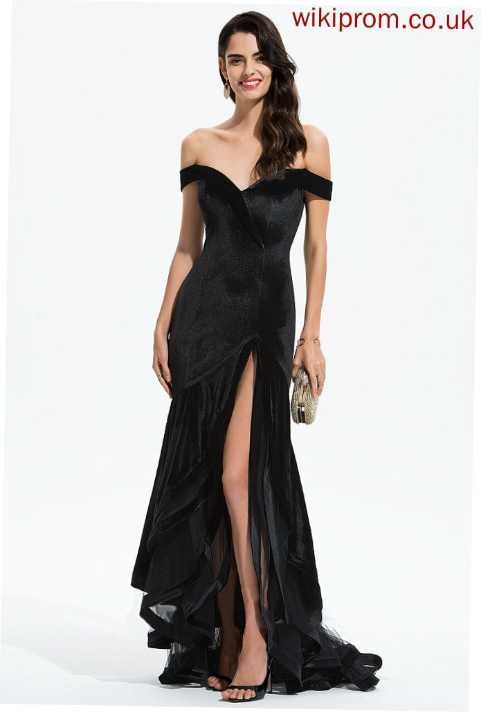 Tori Trumpet/Mermaid Prom Dresses Sweep Off-the-Shoulder With Cascading Velvet Ruffles Train