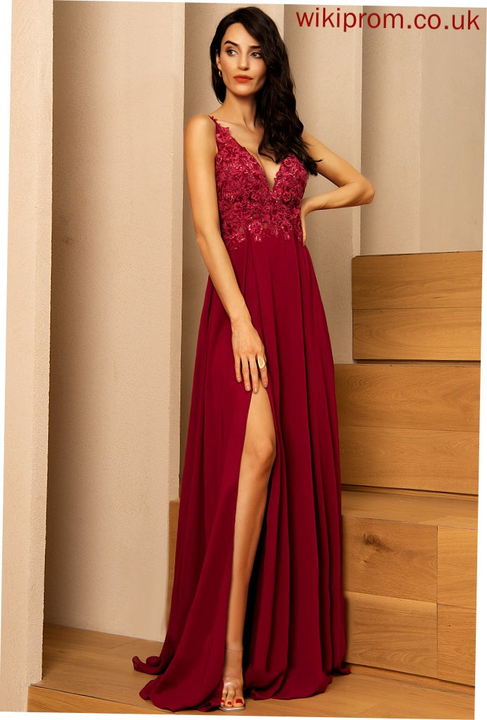 Prom Dresses Frances V-neck Sequins A-Line Floor-Length With Chiffon