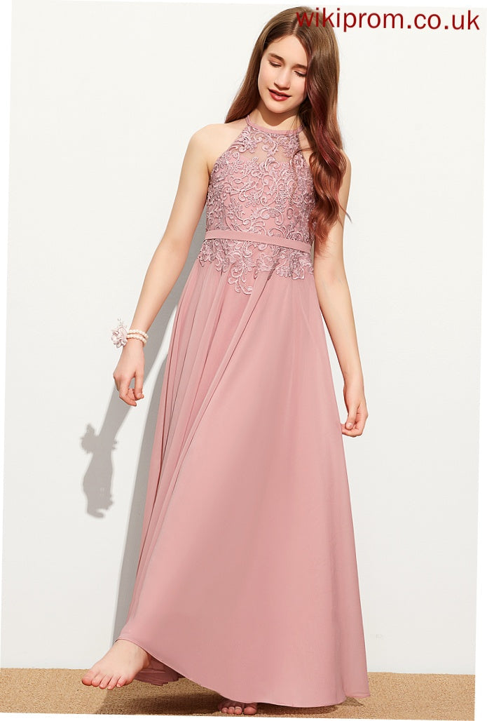 A-Line Lace Junior Bridesmaid Dresses Marisa Floor-Length Chiffon Neck Scoop