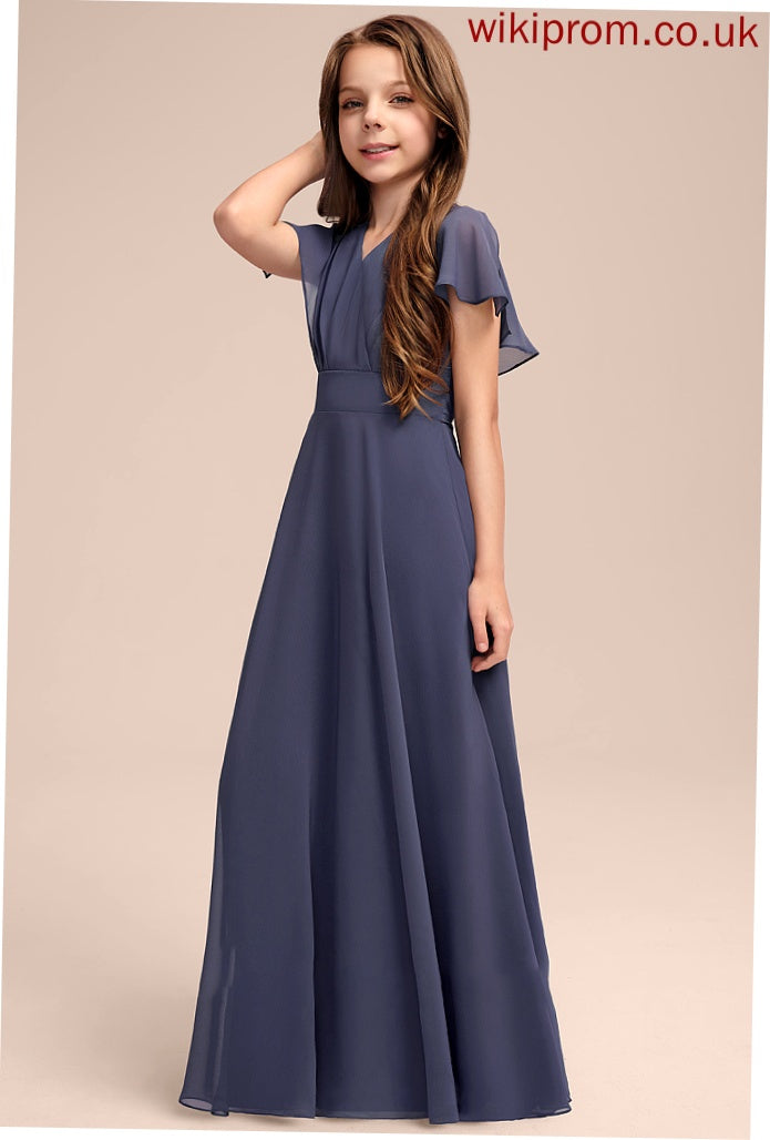 Junior Bridesmaid Dresses With Ruffle V-neck Bow(s) Chiffon Giselle A-Line Floor-Length