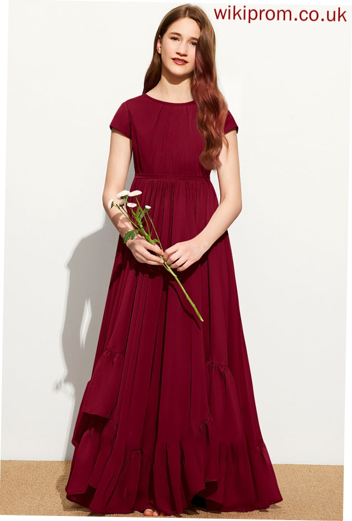 Ruffles Bow(s) Neck A-Line Junior Bridesmaid Dresses Chiffon Lace Floor-Length Appliques With Cascading Camilla Scoop