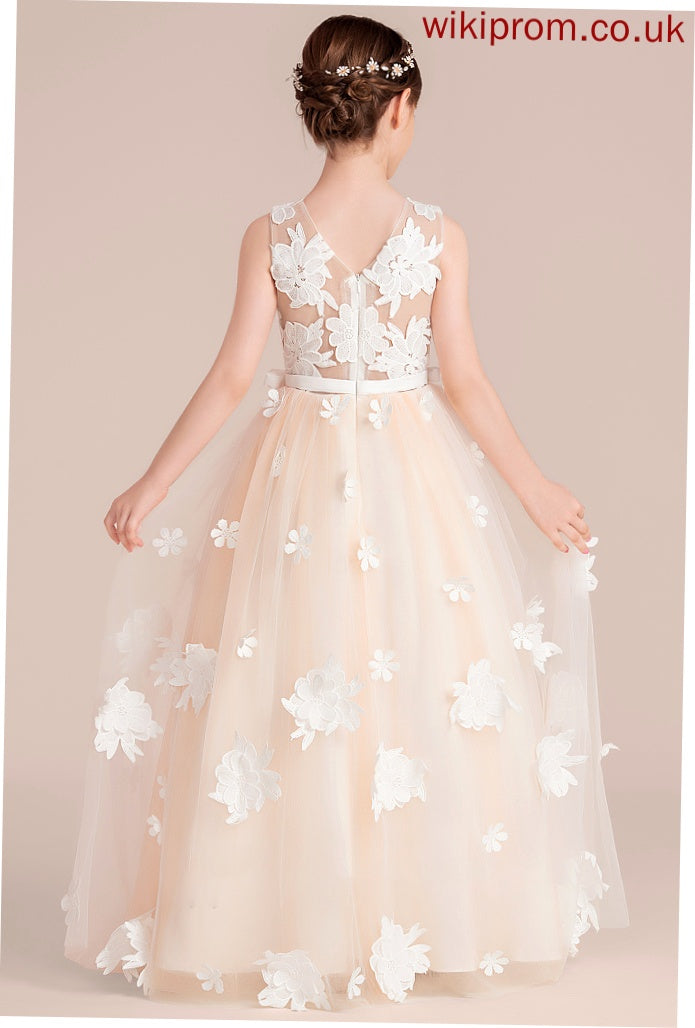 Bow(s) Ball-Gown/Princess With Siena Flower(s) Floor-Length Scoop Neck Junior Bridesmaid Dresses Tulle