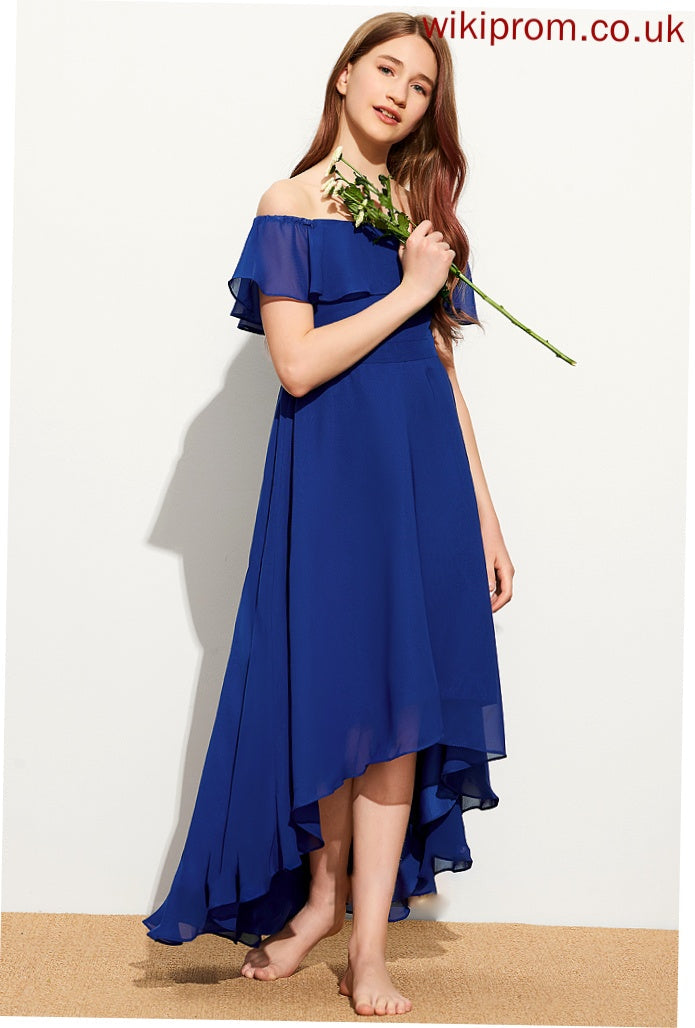 Off-the-Shoulder Cailyn With Asymmetrical Junior Bridesmaid Dresses Chiffon A-Line Cascading Ruffles