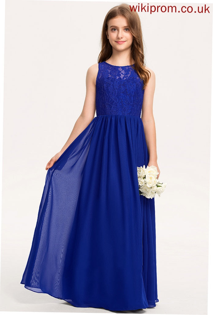 A-Line Scoop Neck Junior Bridesmaid Dresses Diya Floor-Length Lace Chiffon