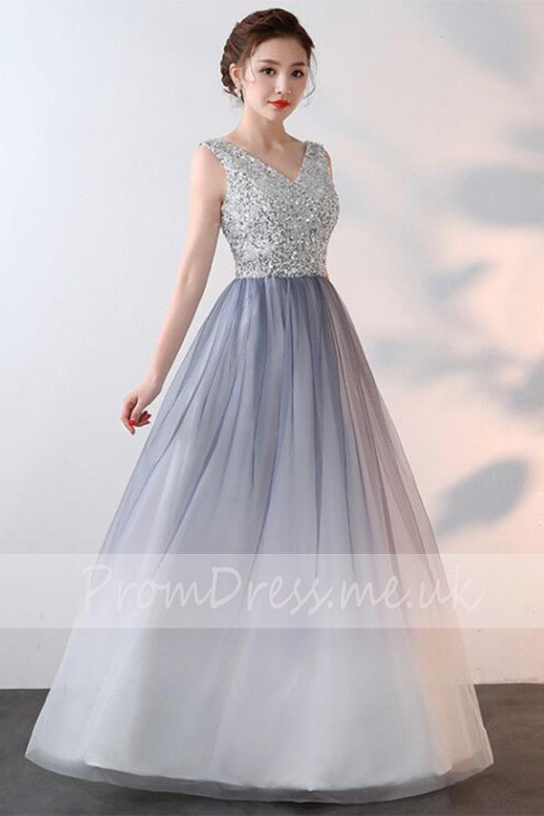 Elegant A-Line Ombre Tulle Beads V-Neck Sleeveless Open Back Prom Dresses WK536