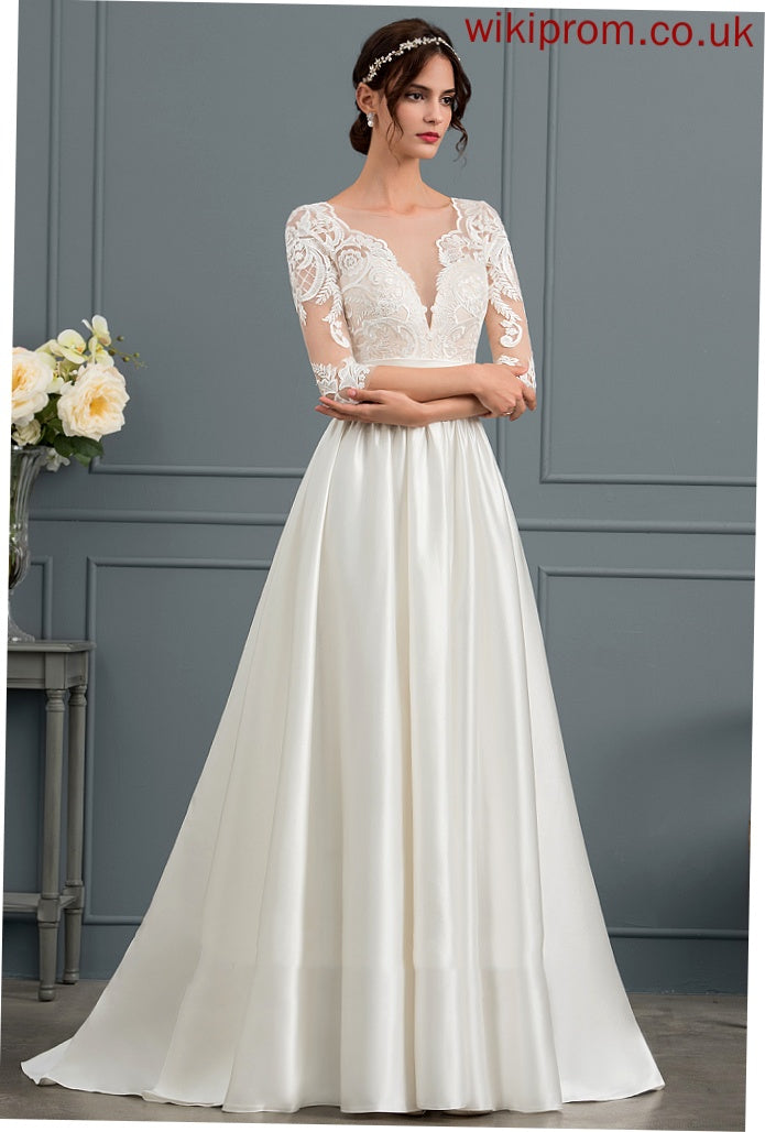 Matilda Court Train Wedding Ball-Gown/Princess Ruffle Dress Lace With Scoop Neck Satin Wedding Dresses