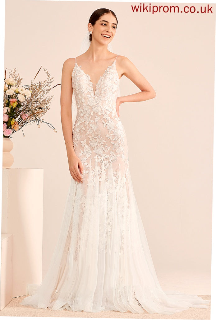 With Tulle Johanna Train Dress V-neck Trumpet/Mermaid Wedding Wedding Dresses Lace Court Lace