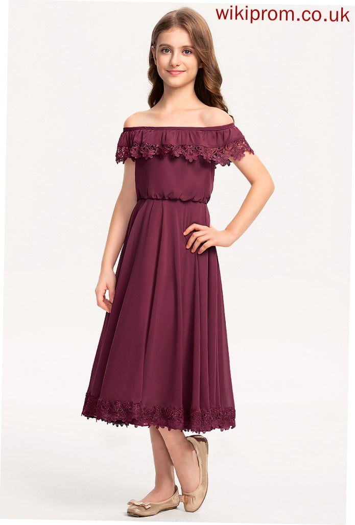 Tea-Length Off-the-Shoulder Junior Bridesmaid Dresses A-Line Lace Chiffon Ellen