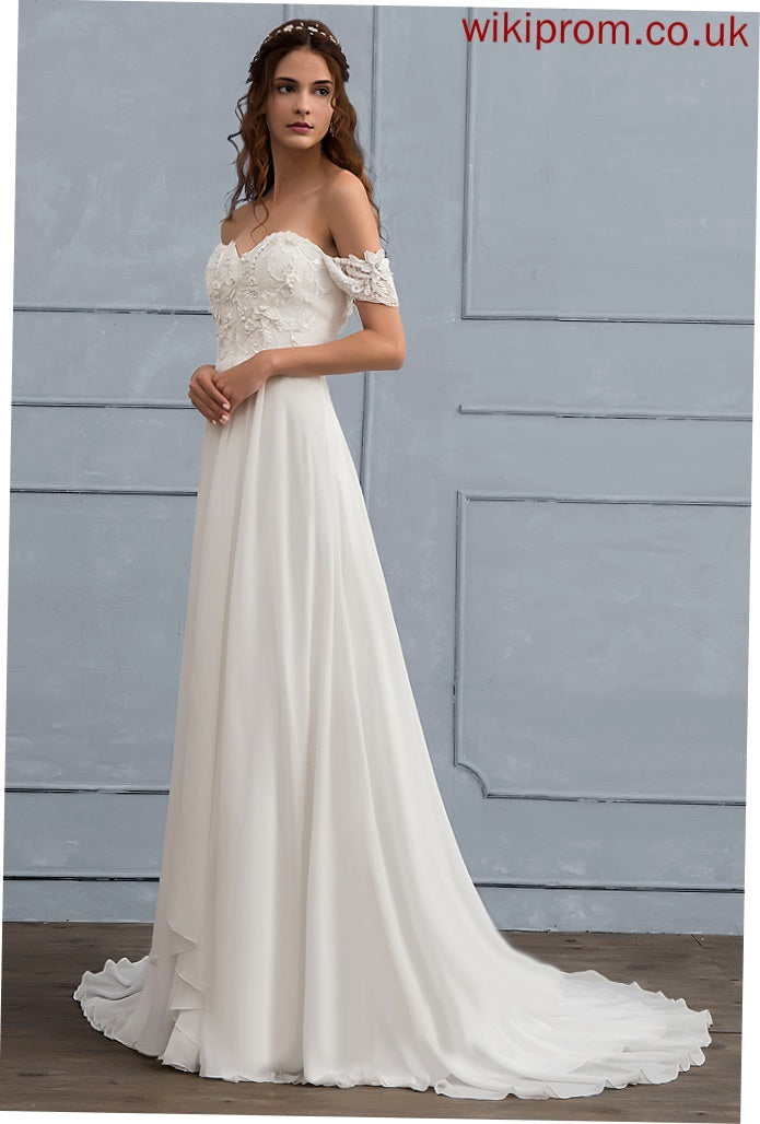 Sweep Chiffon Kierra Beading Dress Flower(s) With Lace Wedding Dresses A-Line Wedding Train Off-the-Shoulder