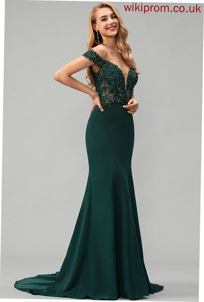 Trumpet/Mermaid Beading Lace Prom Dresses Train Crepe Sweep Sequins Melanie With Stretch Off-the-Shoulder