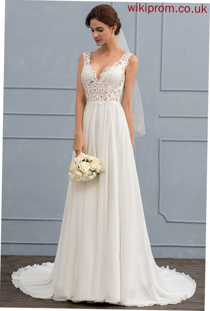 A-Line Emelia Chiffon Dress Court Wedding Dresses Train Wedding Lace V-neck