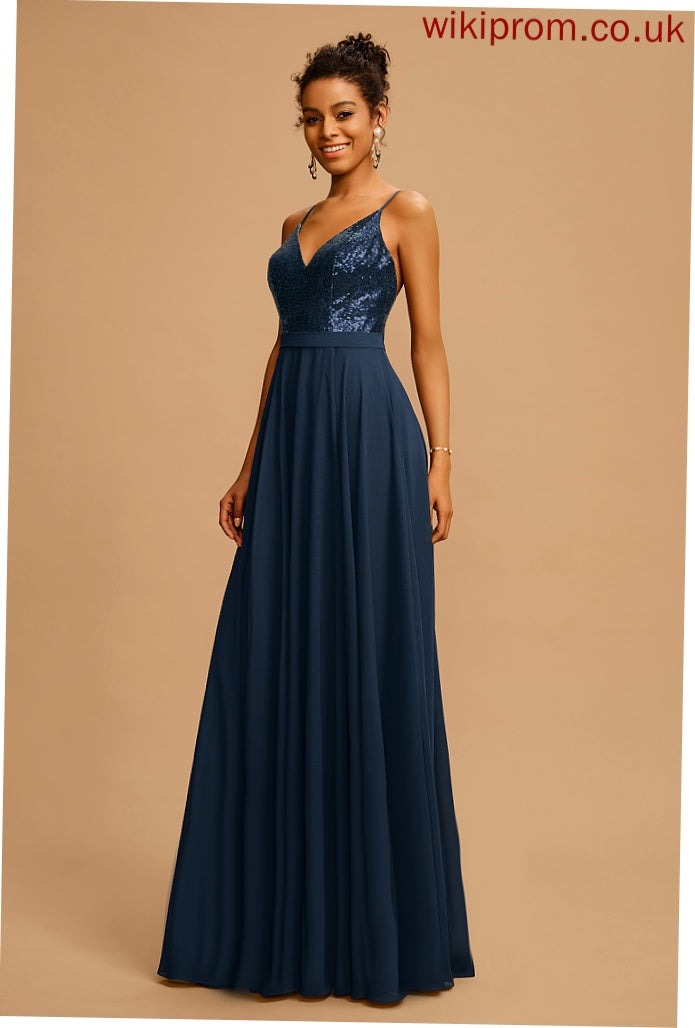 Prom Dresses Zara V-neck With Floor-Length Sequins Chiffon A-Line Sequined