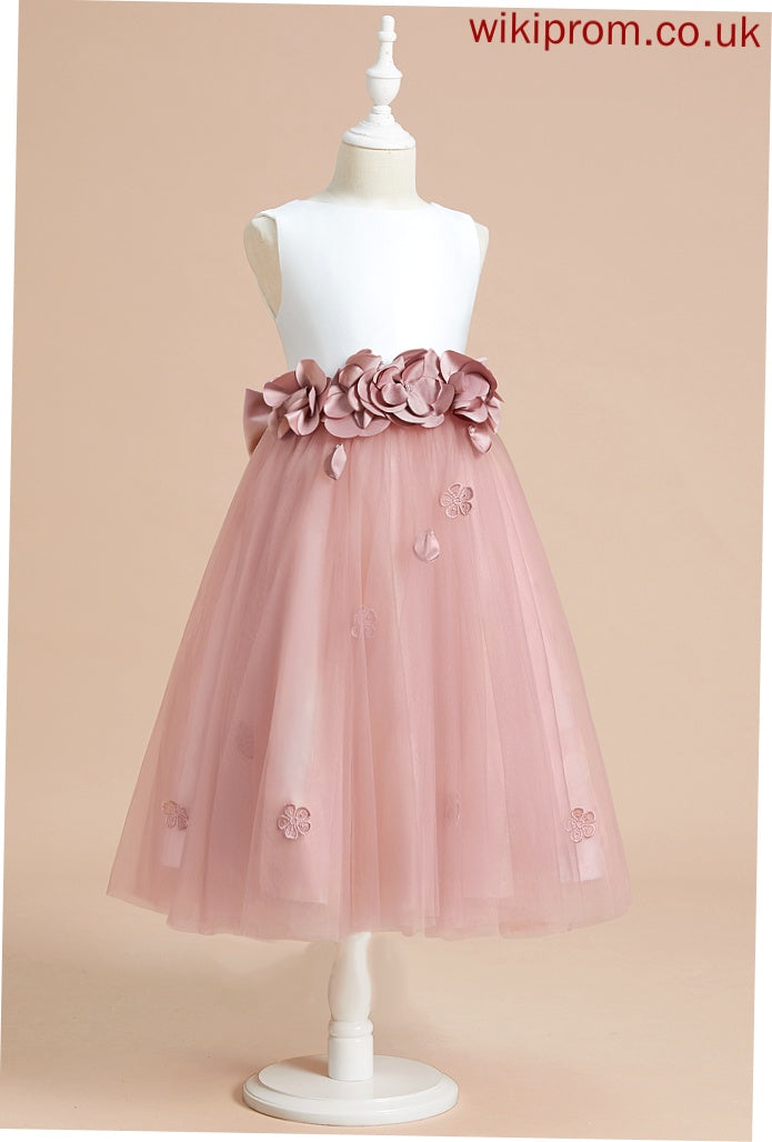 Neck Flower(s)/Bow(s) Flower With - Tea-length Dress Flower Girl Dresses Girl A-Line Scoop Yadira Satin/Tulle Sleeveless