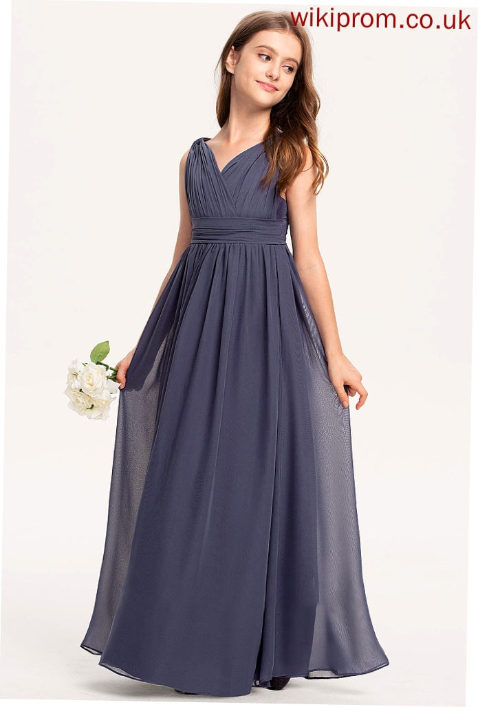 Ruffle Floor-Length Izabelle Junior Bridesmaid Dresses A-Line Chiffon V-neck With