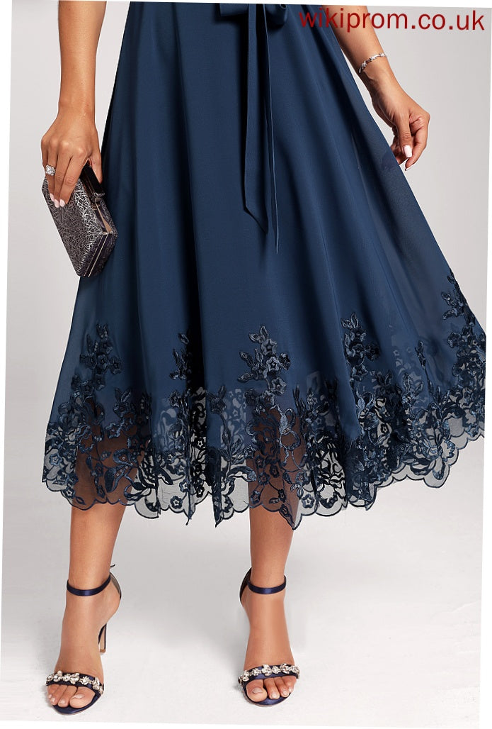 Novia Lace Club Dresses With Tea-Length Chiffon Cocktail A-Line Dress V-neck Sequins