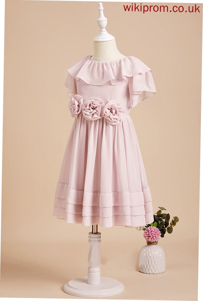 Dress Short Sleeves Back Girl Ruffles/Flower(s)/V - Flower Girl Dresses Flower Chiffon With A-Line Scoop Neck Lucy Knee-length