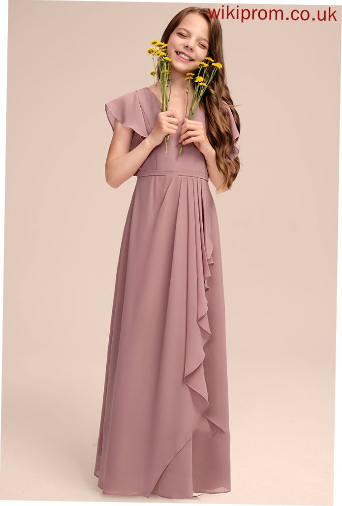 Cascading A-Line Chiffon V-neck Floor-Length Junior Bridesmaid Dresses With Mareli Ruffles