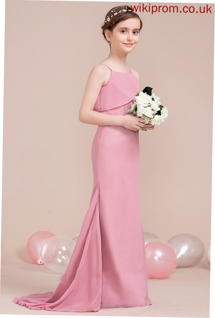 Trumpet/Mermaid With Haylee Junior Bridesmaid Dresses Neckline Chiffon Train Square Cascading Ruffles Sweep