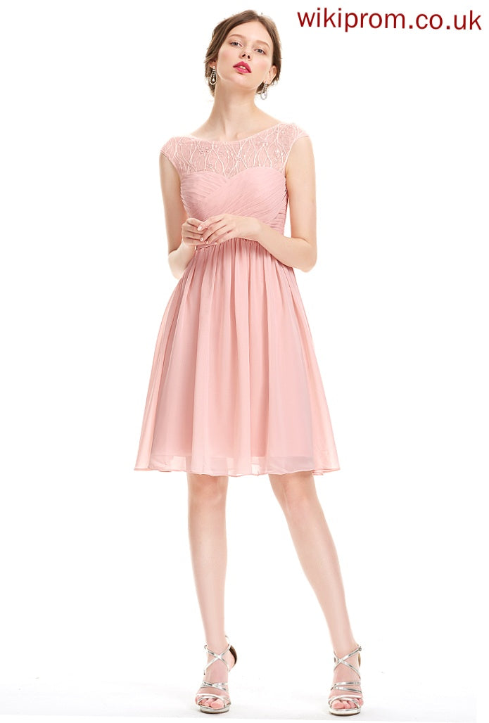 Knee-Length Tulle Chiffon Scoop Prom Dresses Beading Jaden A-Line With Ruffle