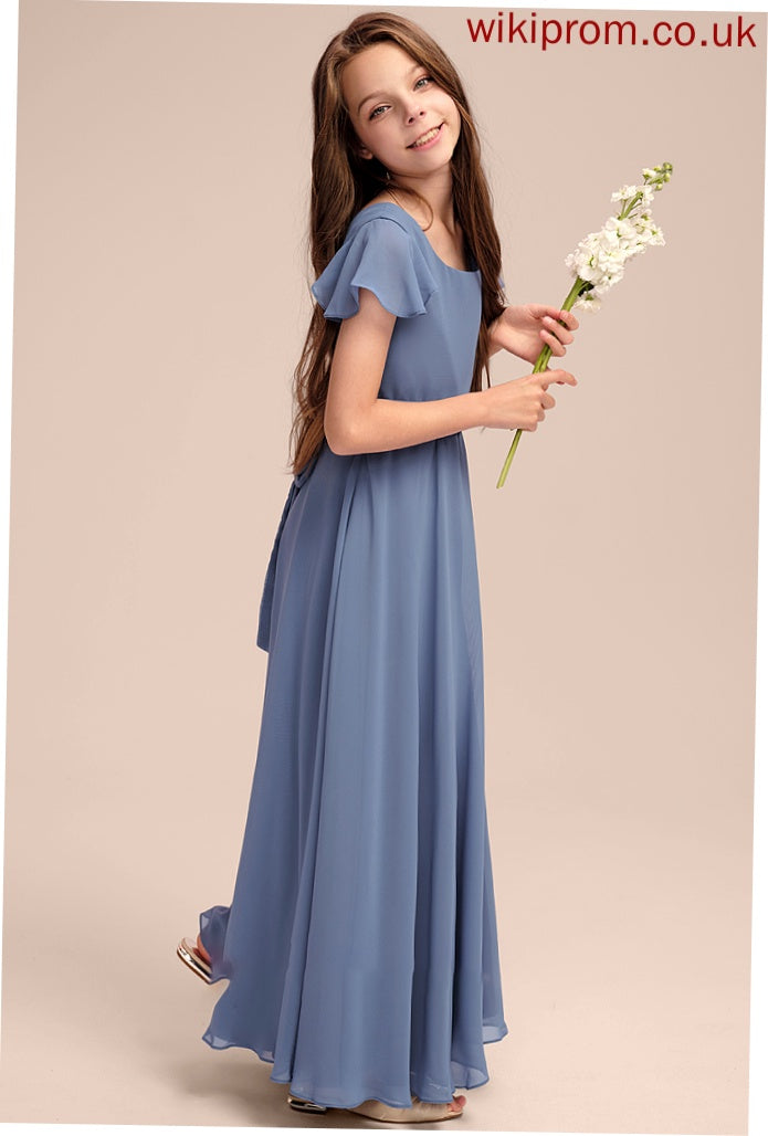 A-Line With Neck Scoop Floor-Length Jazmin Junior Bridesmaid Dresses Bow(s) Chiffon