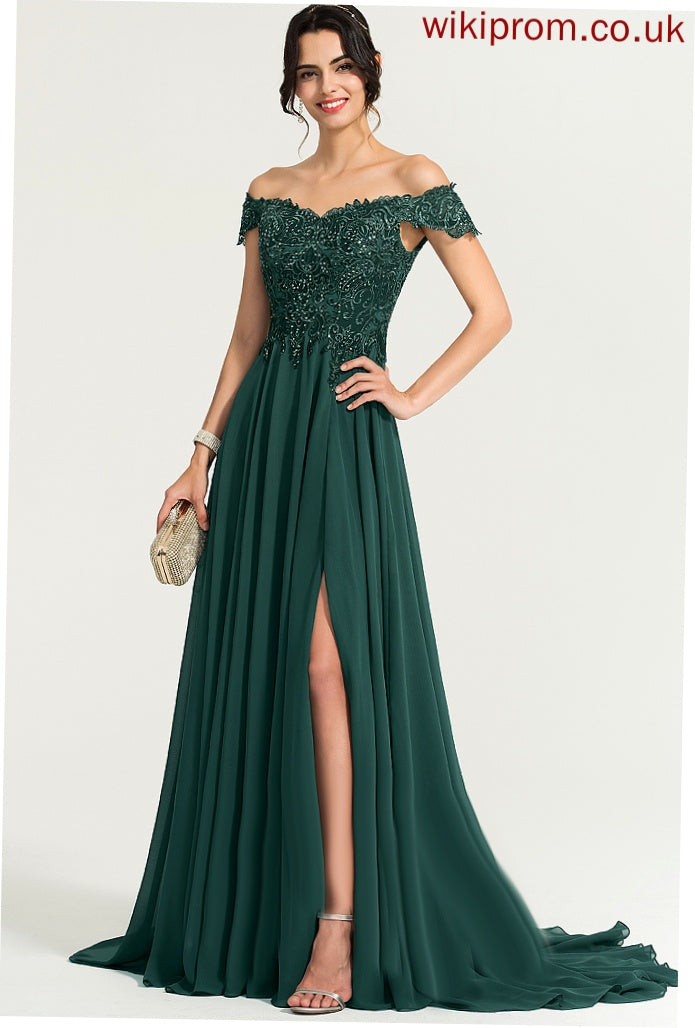 Chiffon Melina Train Sequins Lace Sweep Prom Dresses A-Line With Off-the-Shoulder