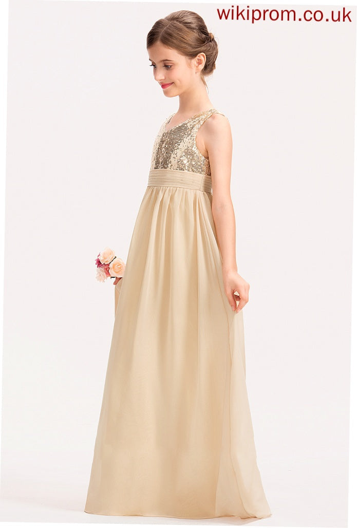 Chiffon With A-Line Ruffle Junior Bridesmaid Dresses V-neck Sequined Floor-Length Jayla