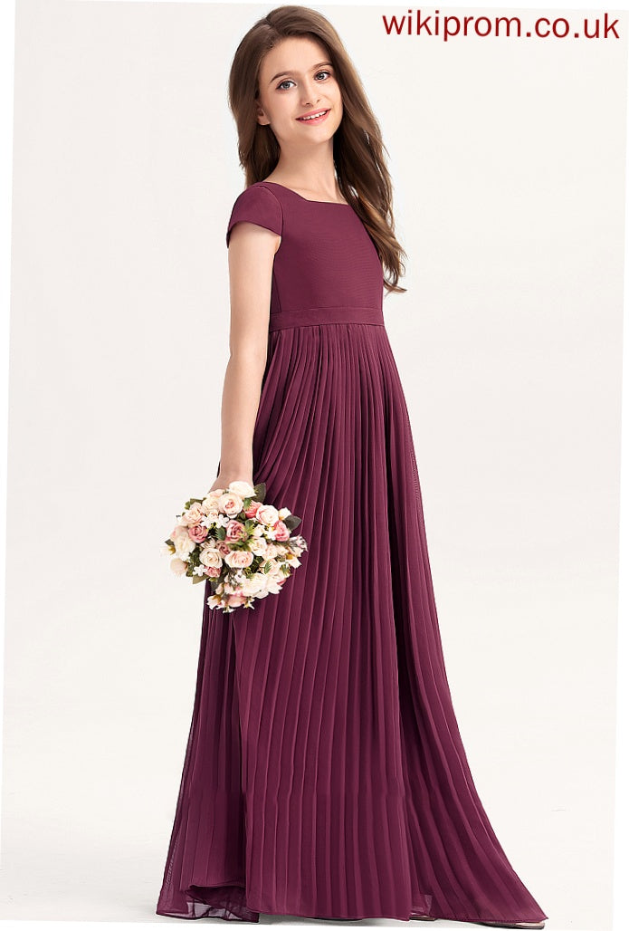 Pleated Junior Bridesmaid Dresses With Lace Bow(s) Gertrude Chiffon Square A-Line Floor-Length Neckline