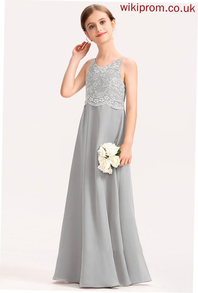 A-Line Junior Bridesmaid Dresses Lace Addyson Floor-Length Chiffon V-neck