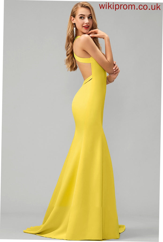 V-neck Sweep Crepe Train Prom Dresses Stretch Raquel Trumpet/Mermaid