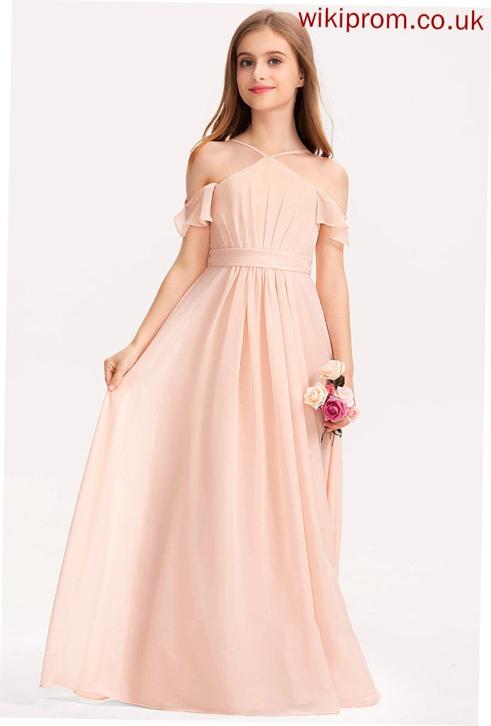 Ruffle Bow(s) V-neck Janiah Chiffon With Floor-Length A-Line Junior Bridesmaid Dresses