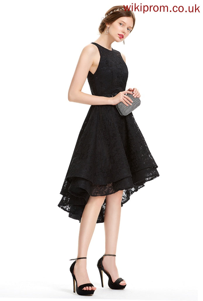 A-Line Asymmetrical Scoop Lace Kimora Beading Lace Homecoming Dresses Neck With Homecoming Dress